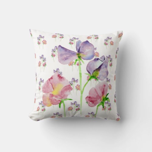 Hand Painted Sweet Pea Watercolor Throw Pillow