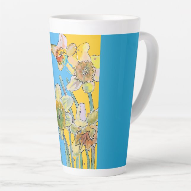 Hand Painted Teal Yellow Daffodil floral Latte Mug (Right Angle)