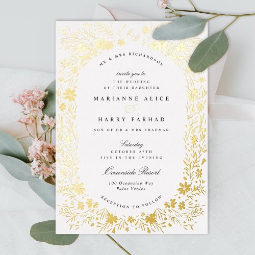 Hand_Painted tiny flowers Floral Frame Wedding Foil Invitation
