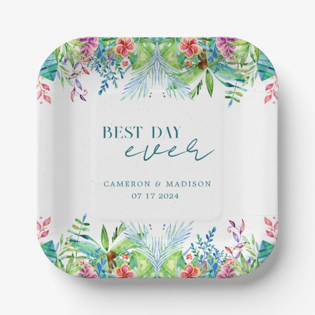 Hand-Painted Tropical Flower Wedding Paper Plates (Front)