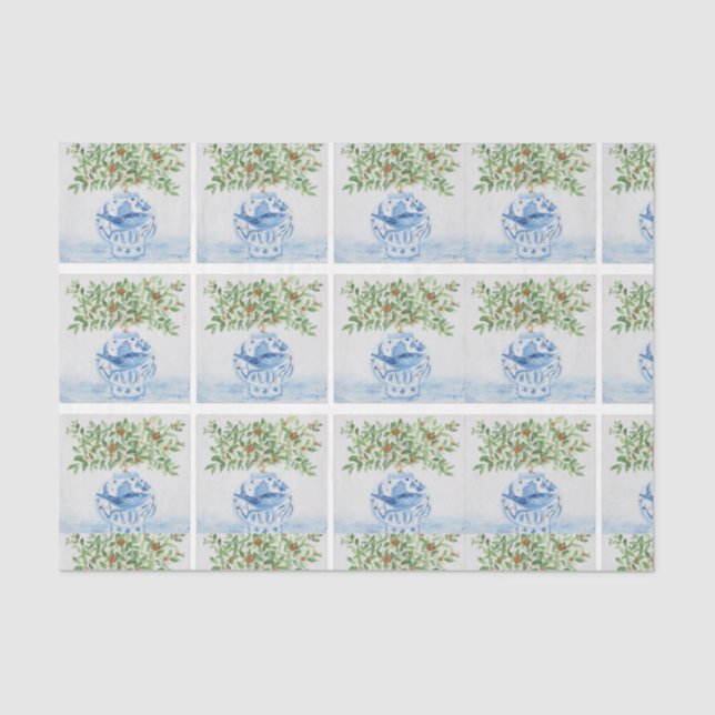 Hand Painted Tuscan Blue Ginger Jars Wedding Tissue Paper (Front)