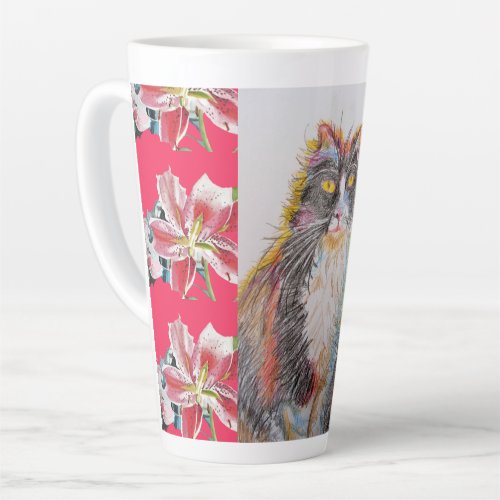 Hand Painted Tuxedo Cat floral Red Latte Mug