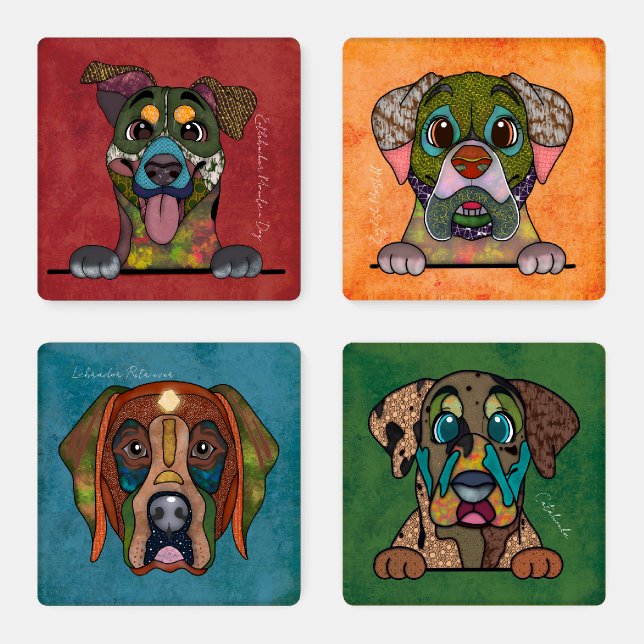 Hand-painted ugly dog face coaster set (Set)