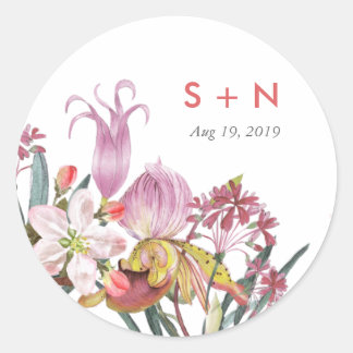 Hand painted water color exotic flower wedding classic round sticker