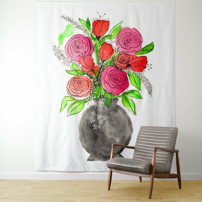 Hand Painted Watercolor Abstract Floral Art Tapestry (In Situ)