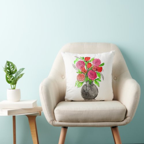 Hand Painted Watercolor Abstract Floral Art Throw Pillow