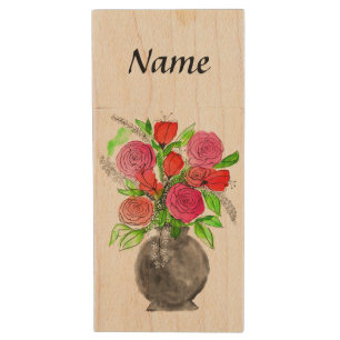 Hand Painted Watercolor Abstract Floral Art Wood Flash Drive