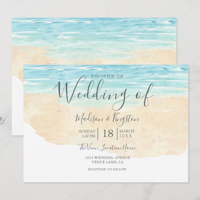 Hand-Painted Watercolor Beach Wedding Invitation (Front/Back)