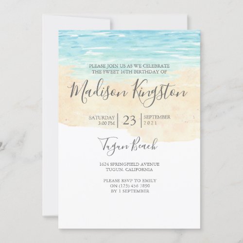 Hand Painted Watercolor Blue Beach Sweet 16 Invite