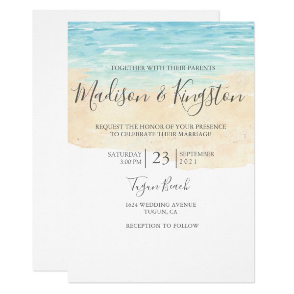 256572203374067248 Hand Painted Watercolor Blue Beach Wedding Invite