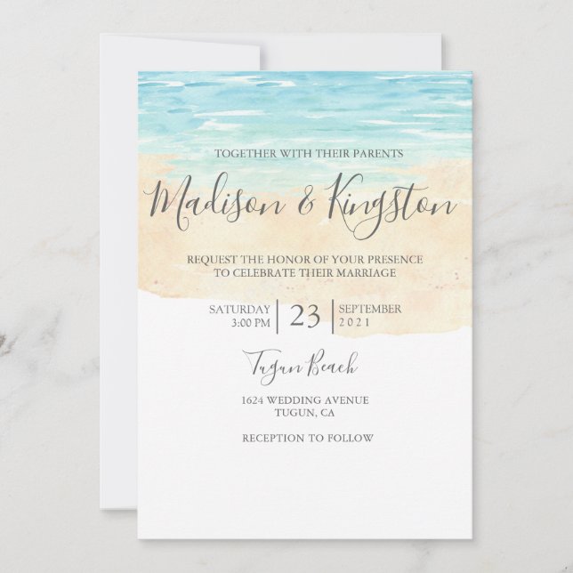 Hand Painted Watercolor Blue Beach Wedding Invite (Front)