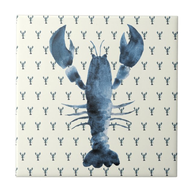 Hand Painted Watercolor Blue Lobster Ceramic Tile (Front)