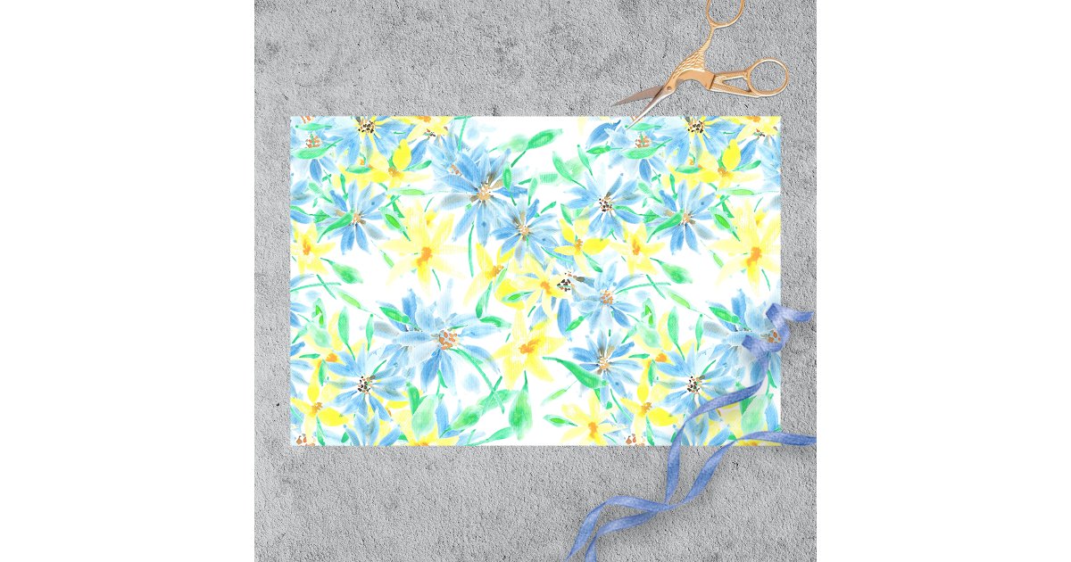 Hand-painted Watercolor Blue Yellow Flowers Tissue Paper | Zazzle