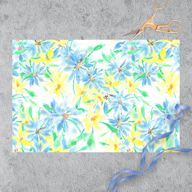 Hand-painted Watercolor Blue Yellow Flowers Tissue Paper | Zazzle