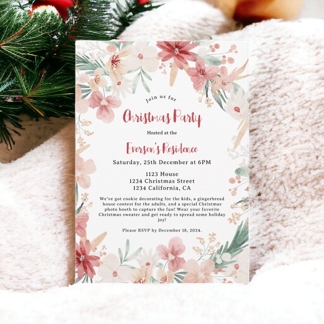 Hand Painted Watercolor Botanical Christmas Party Invitation (Hand Painted Watercolor Botanical Christmas Party Invitation)