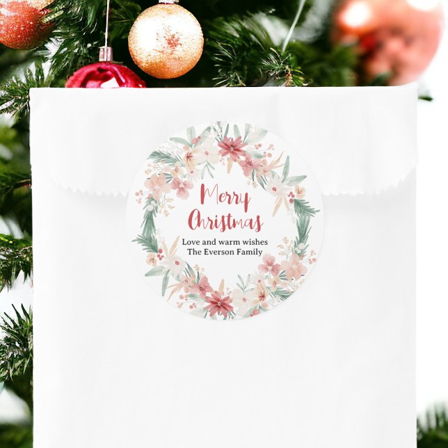 Hand Painted Watercolor Botanical Merry Christmas Classic Round Sticker (Hand Painted Watercolor Botanical Merry Christmas Classic Round Sticker)