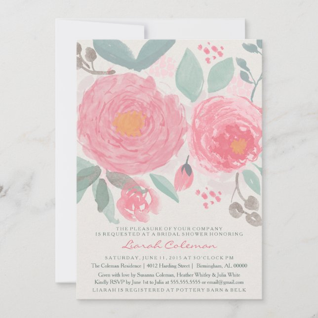 Hand painted watercolor bridal or baby shower invitation (Front)