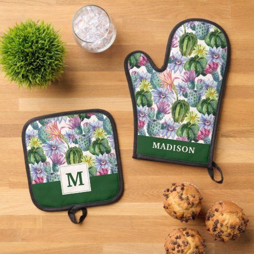 Hand Painted Watercolor Cactus Pattern 2 Oven Mitt  Pot Holder Set