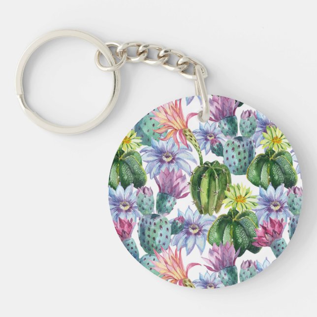 Hand Painted Watercolor Cactus Pattern Keychain (Front)