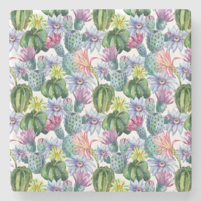 Hand Painted Watercolor Cactus Pattern Stone Coaster (Front)