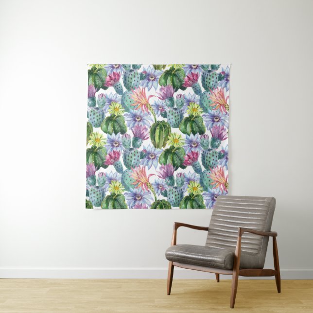 Hand Painted Watercolor Cactus Pattern Tapestry (In Situ (Horizontal))