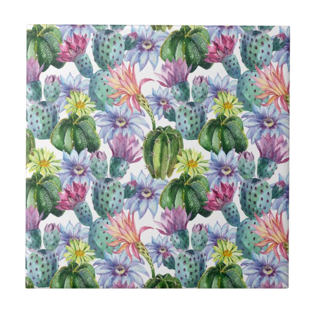 Hand Painted Watercolor Cactus Pattern Tile (Front)