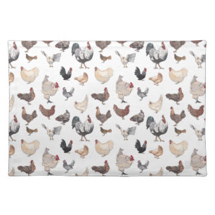 Hand-painted Watercolor Chickens: Hens & Roosters Cloth Placemat