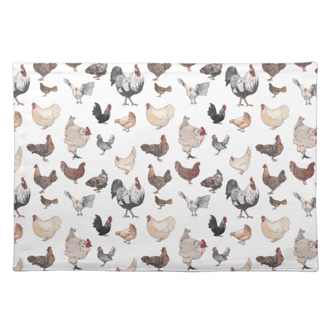 Hand-painted Watercolor Chickens: Hens & Roosters Cloth Placemat (Front)