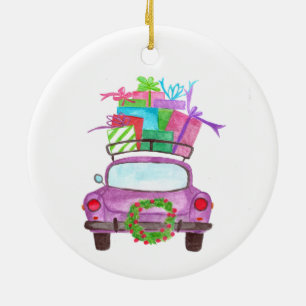 Hand painted watercolor Christmas car Ceramic Ornament