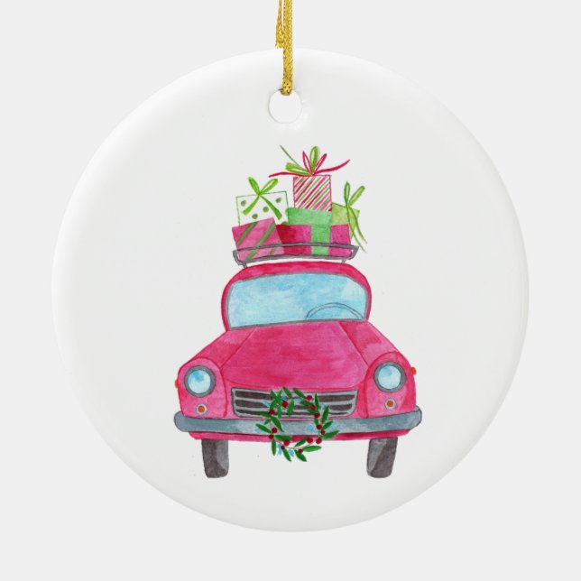 Hand painted watercolor Christmas car Ceramic Ornament (Back)