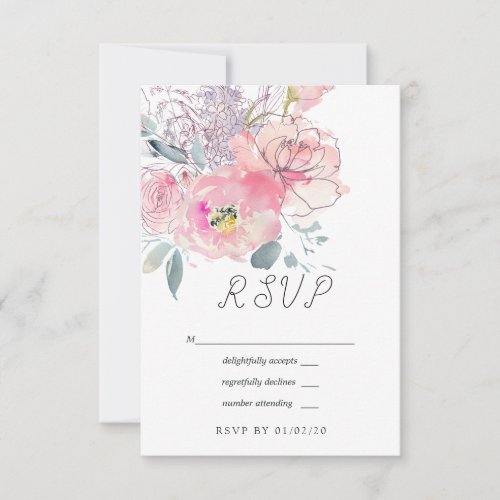 Hand Painted Watercolor Doodle Floral Wedding RSVP Card