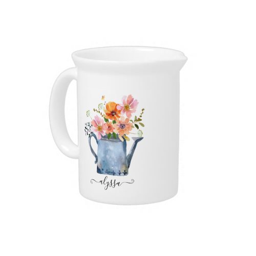 Hand_Painted Watercolor Floral Beverage Pitcher