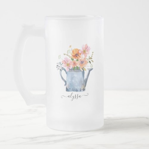 Hand_Painted Watercolor Floral Frosted Glass Beer Mug