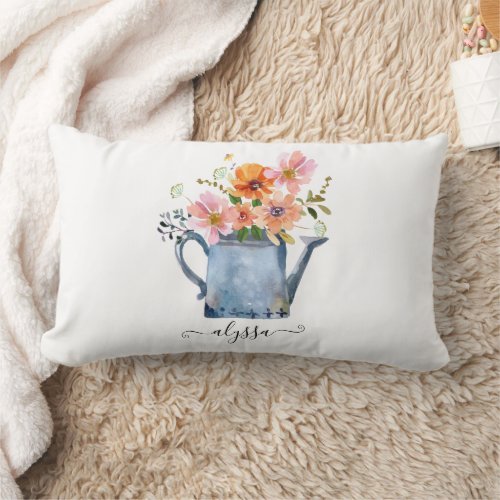 Hand_Painted Watercolor Floral Lumbar Pillow