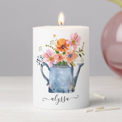 Hand_Painted Watercolor Floral Pillar Candle