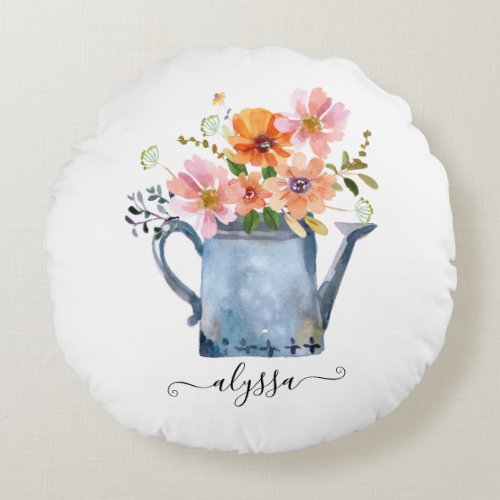 Hand_Painted Watercolor Floral Round Pillow