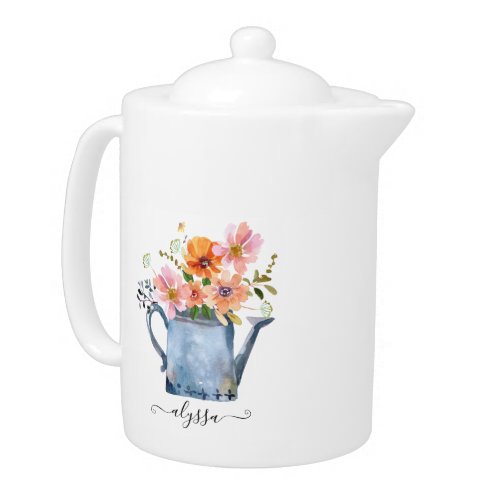 Hand_Painted Watercolor Floral Teapot