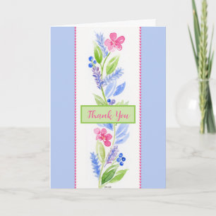 Hand Painted Watercolor Floral THANK YOU Blue Card