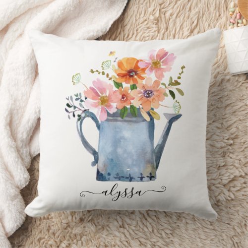 Hand_Painted Watercolor Floral Throw Pillow
