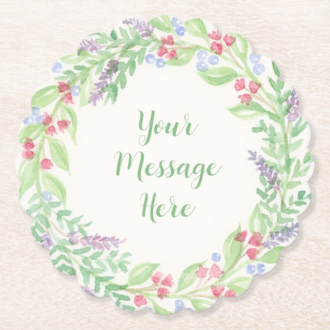Hand Painted Watercolor Floral Wreath Paper Coaster (Front)