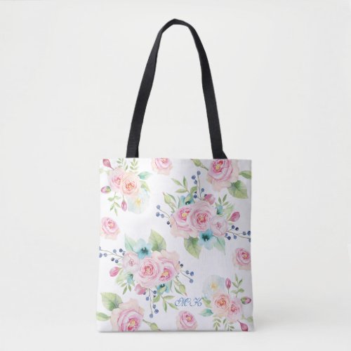 Hand painted Watercolor Flowers Custom Monogram Tote Bag