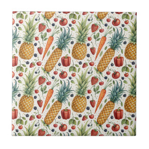 Hand-Painted Watercolor Fruits & Veggies Pattern Ceramic Tile