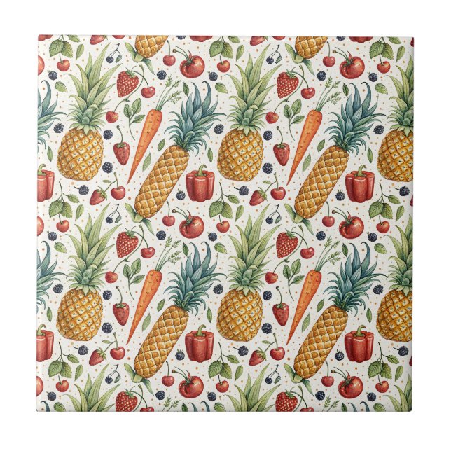Hand-Painted Watercolor Fruits & Veggies Pattern Ceramic Tile (Front)