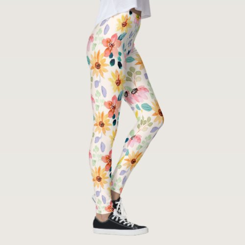 Hand painted Watercolor Garden Flowers Colorful Leggings