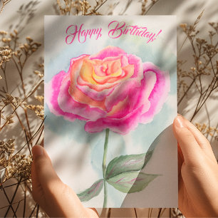 Hand Painted Watercolor Happy Birthday Rose Card