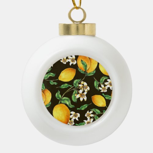 Hand Painted Watercolor Lemon Pattern Ceramic Ball Christmas Ornament