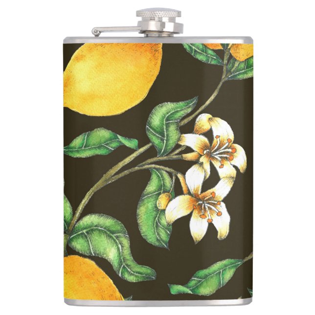 Hand Painted Watercolor Lemon Pattern Flask (Front)