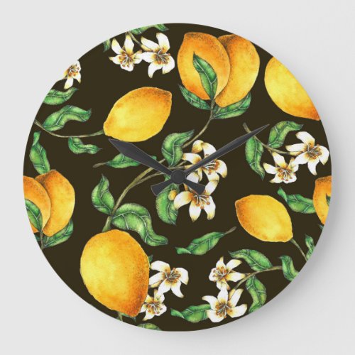 Hand Painted Watercolor Lemon Pattern Large Clock