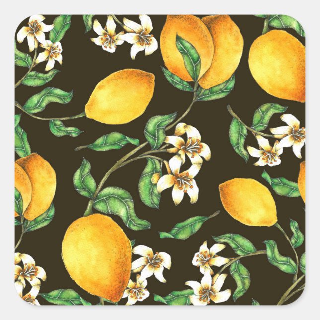 Hand Painted Watercolor Lemon Pattern Square Sticker (Front)