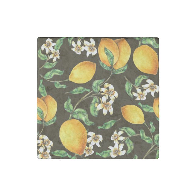 Hand Painted Watercolor Lemon Pattern Stone Magnet (Front)